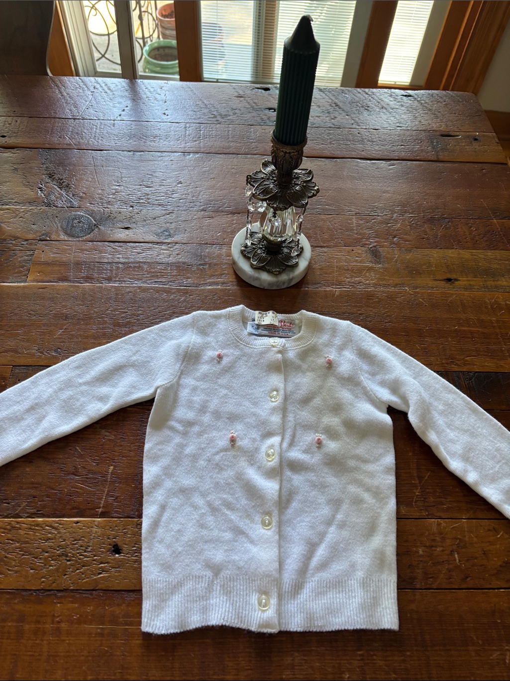 Blue Bird White Knit Cardigan With Pink Embroidered Rosebuds. Vintage New W Tag